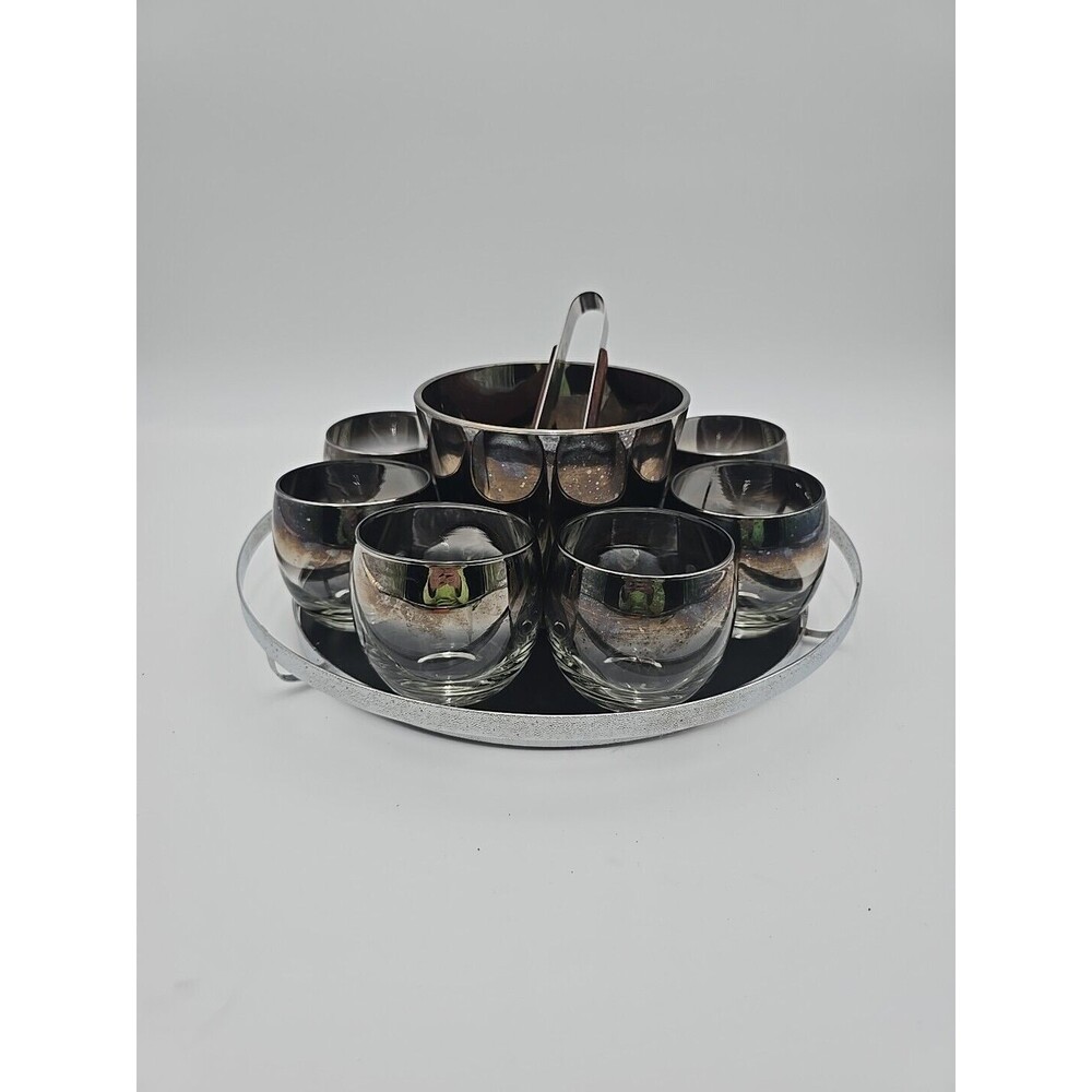 Queen's Luster Silver Fade Bar Set with Roly Poly Glasses Ice Bucket Tray Tongs